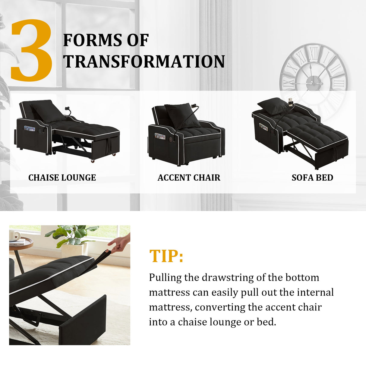Sleeper Sofa Chair Bed - 3 In 1 Convertible Sofa