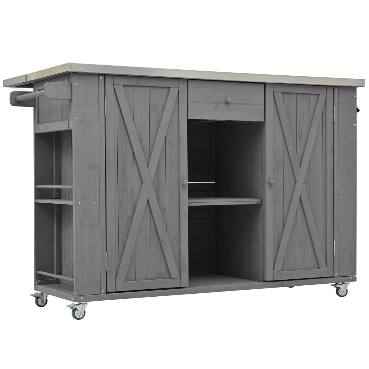 Outdoor Kitchen Island With Stainless Steel Top, Ample Storage Space, Towel And Spice Racks And A Bottle Opener