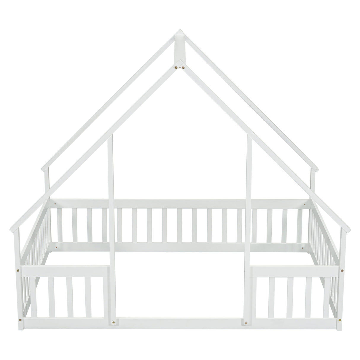 Wood House-Shaped Floor Bed With Fence, Guardrails