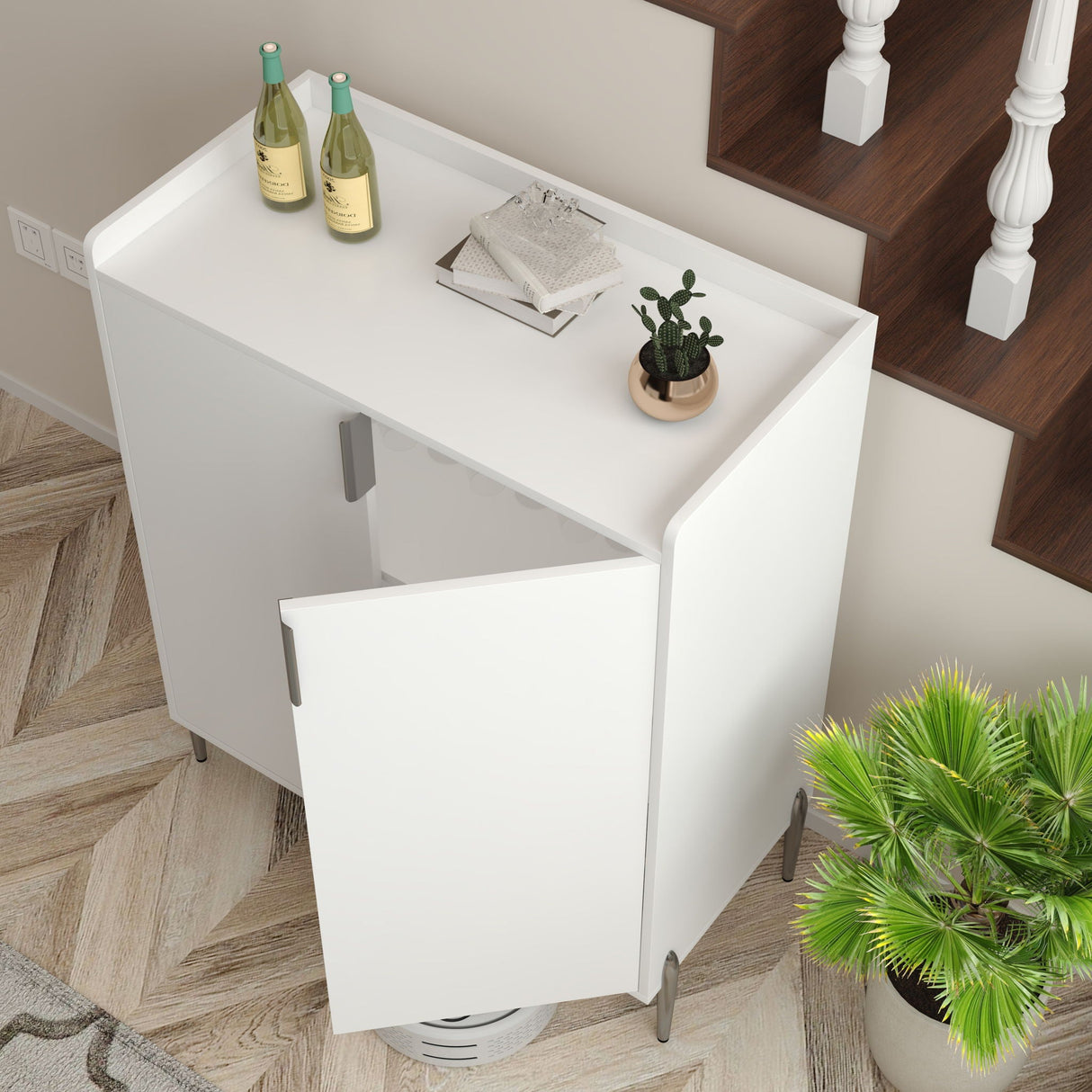 2 Door Wine Bar Cabinet With Adjustable Shelf, Soft-Closing Hinges, And High Feet - White