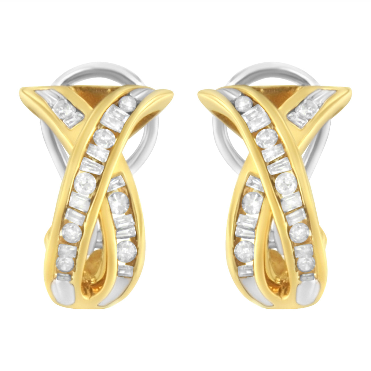 14K Yellow and White Gold 1/2 TDW "X" Shape Cross Over Diamond Hoop Earrings (I-J, I2-I3)