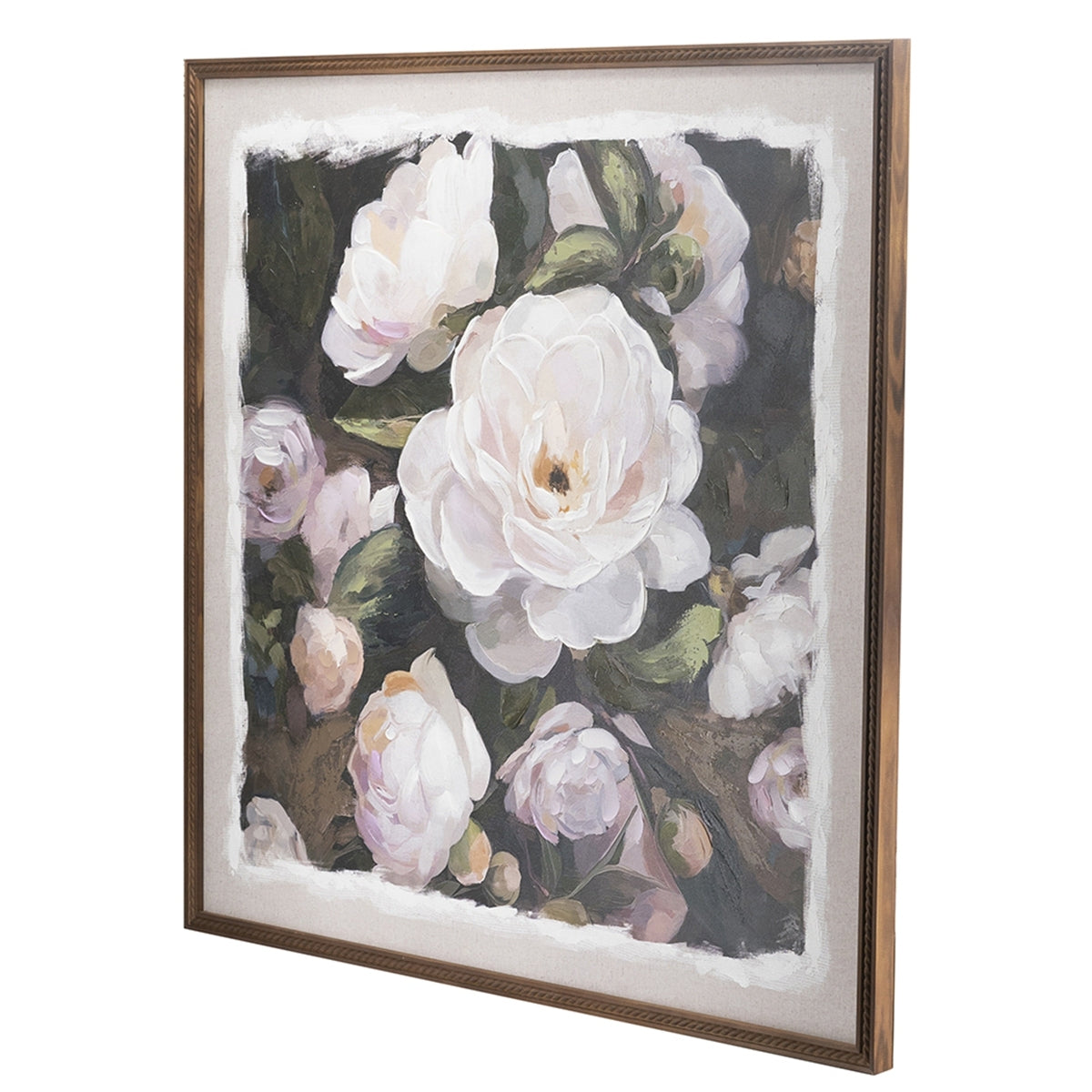 39.4x39.4 Hand-Painted White Rose Canvas Art with Brown Pine Wood Frame