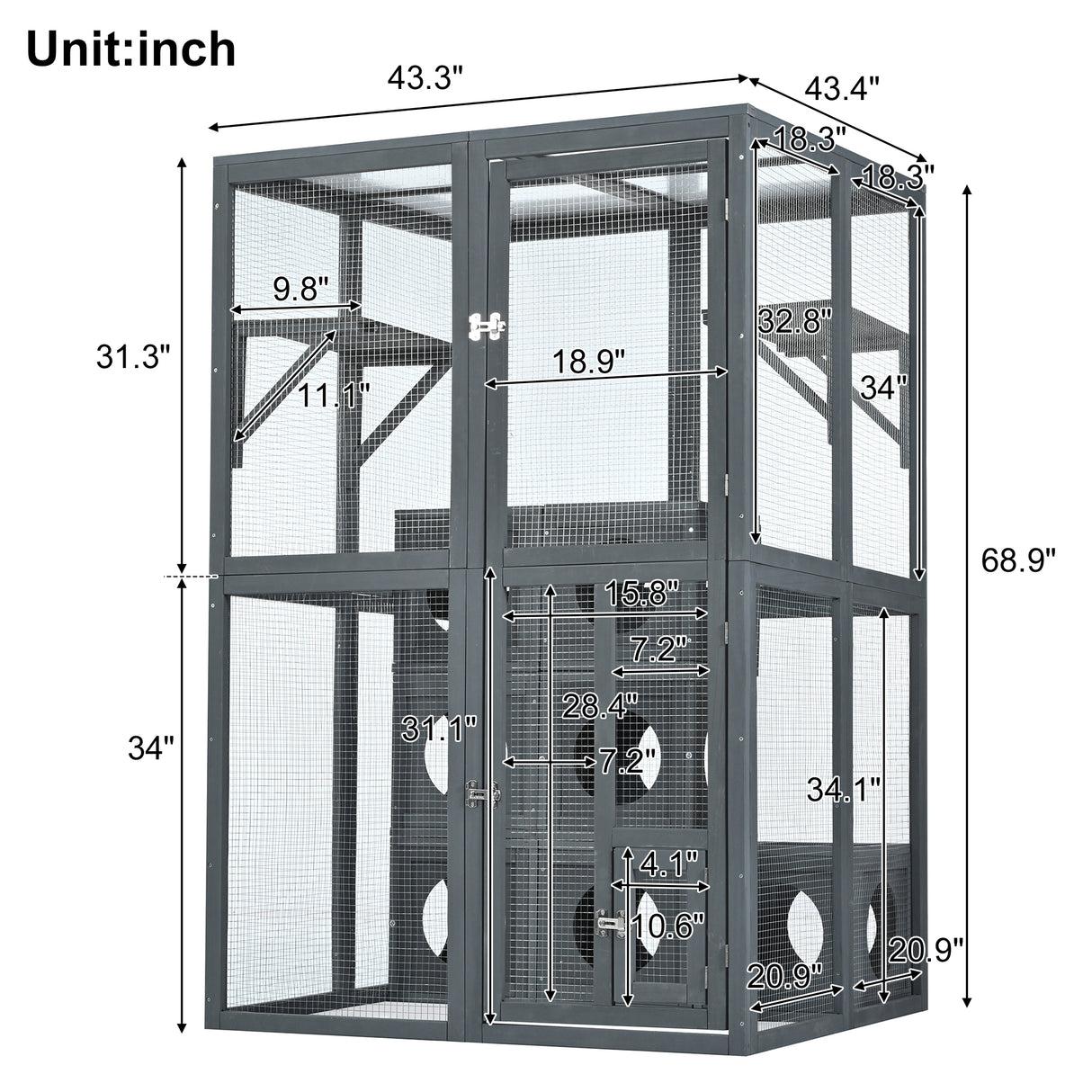 Grey Pine Wood Outdoor Cat House with Shelves and Weather Protection