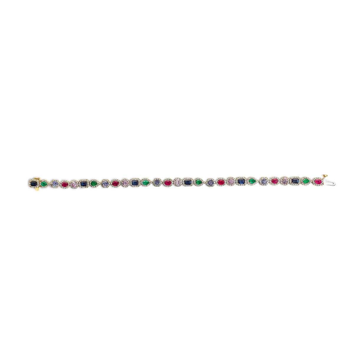 14K Yellow Gold Multi-Gemstone and Diamond Halo Rainbow Tennis Bracelet
