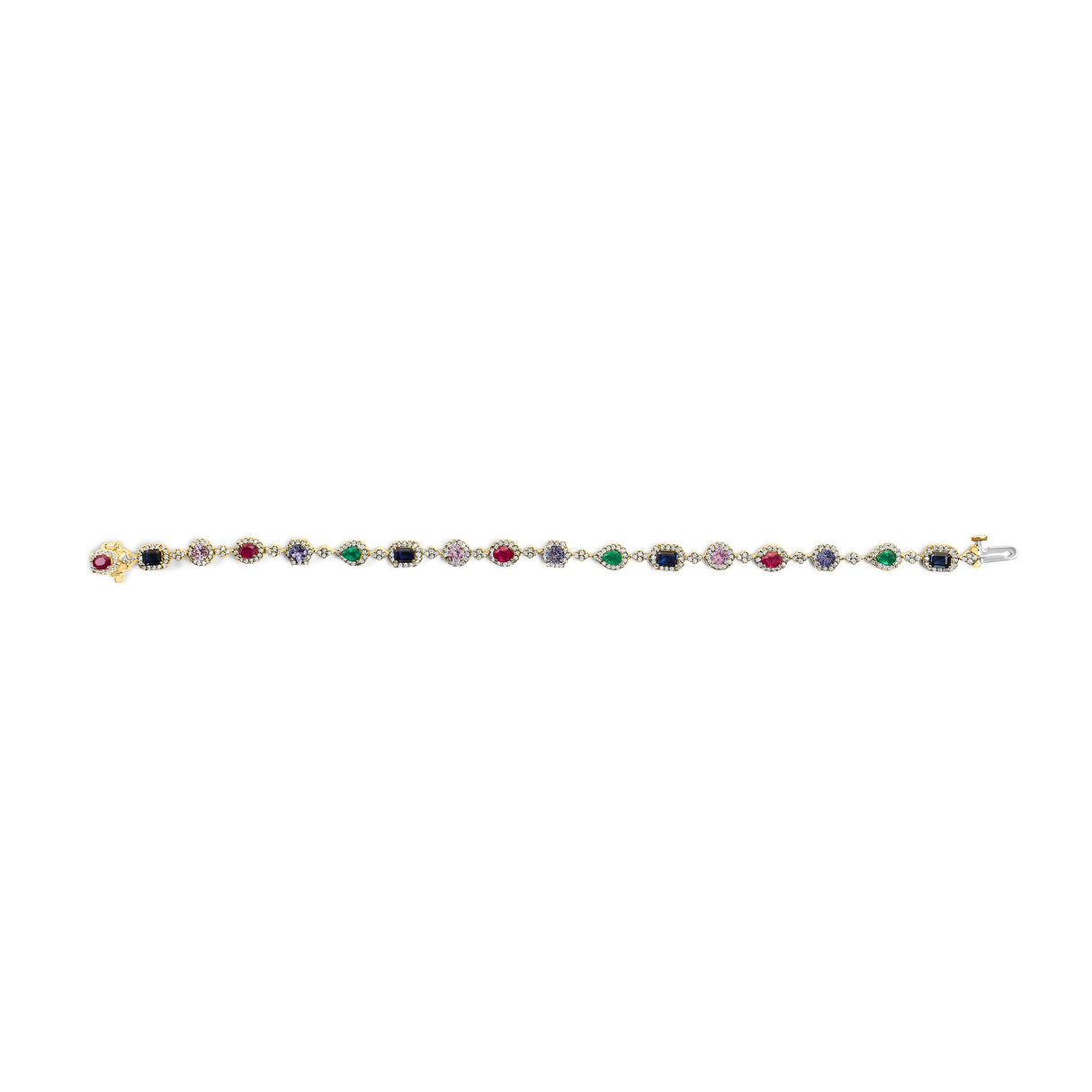 14K Yellow Gold Multi-Gemstone and Diamond Halo Rainbow Link Bracelet