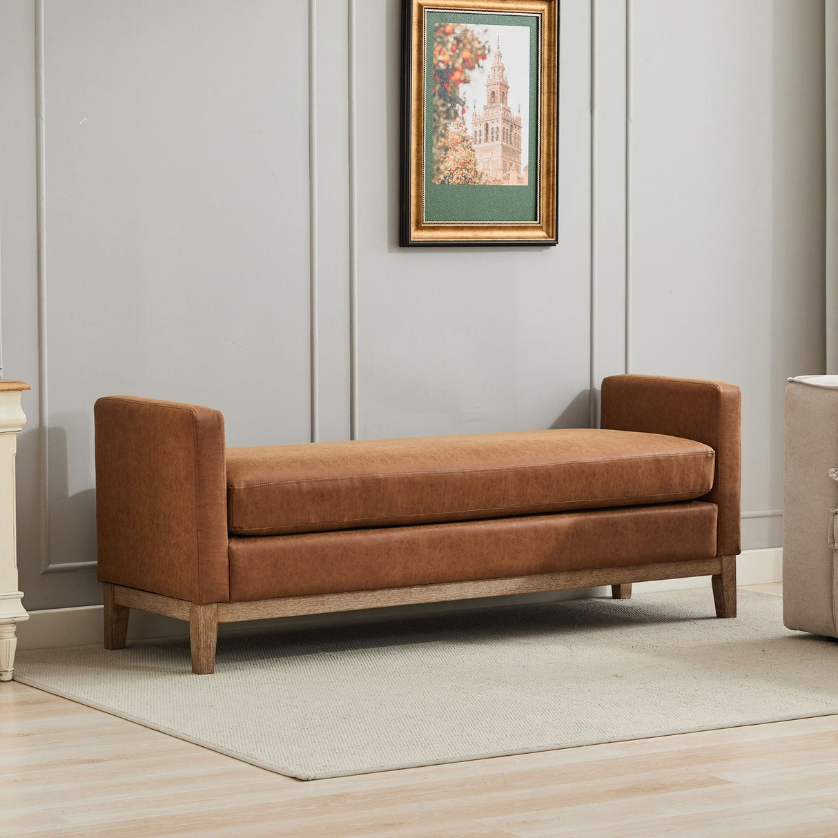 Elegant Upholstered Bench Daybed Ottoman With Bolster Pillows