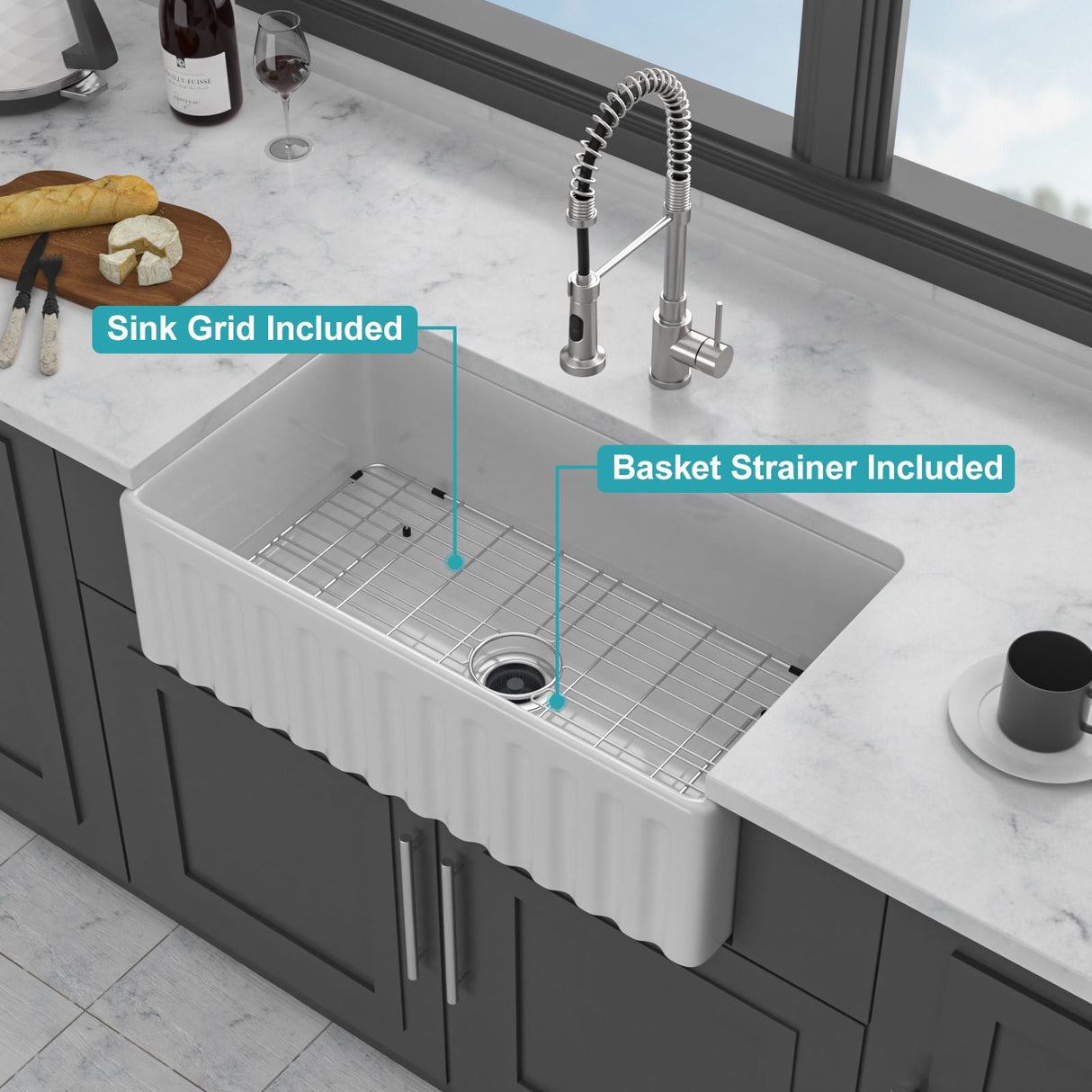 Sink - Apron-Front Reversible Single Bowl Kitchen Sink With Smooth And Ribbed Finishes - White