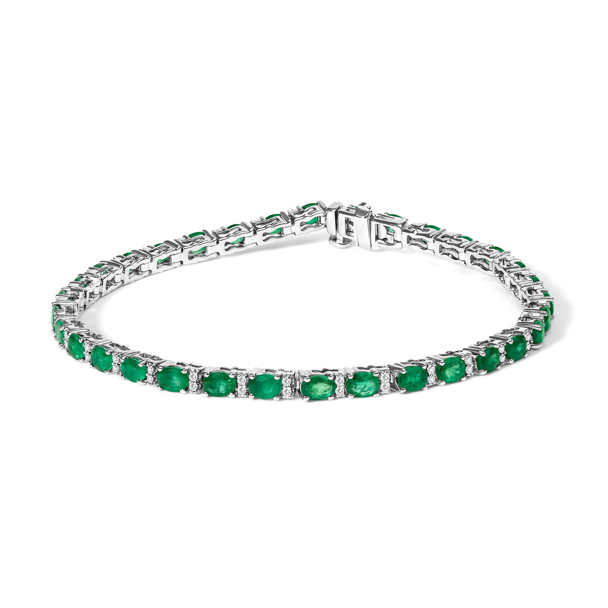 14K White Gold Alternating Oval Green Emerald and Diamond Tennis Bracelet