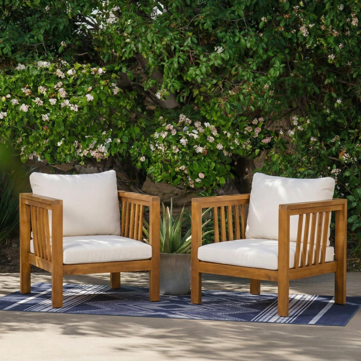 Set of 2 Outdoor Acacia Wood Club Chairs with Modern Square Arms