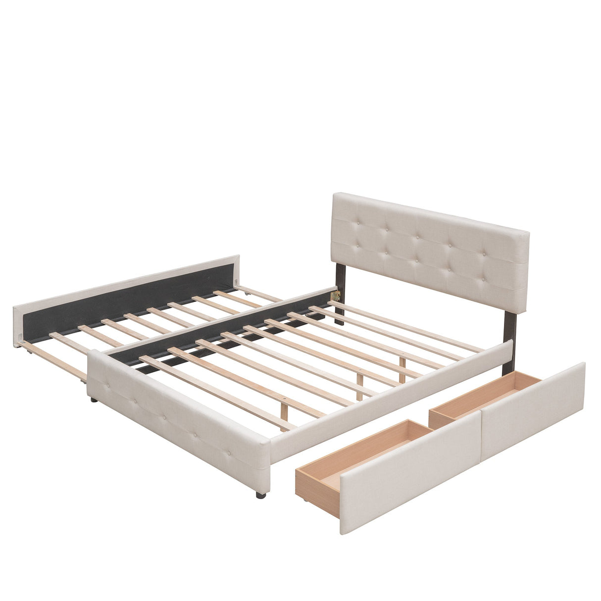 Upholstered Platform Bed with 2 Drawers and 1 Twin XL Trundle, Linen Fabric, Queen Size - Dark Beige(OLD SKU :LP100314AAA)