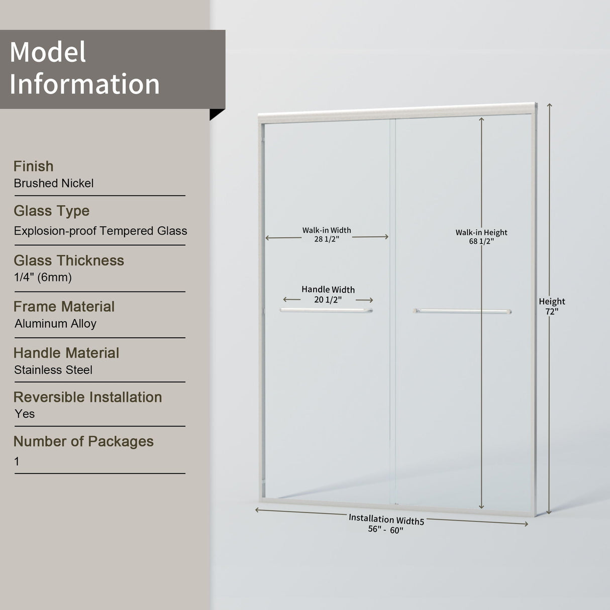 Double Sliding Semi-Frameless Shower Door with Tempered Glass