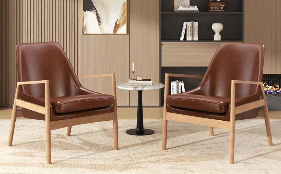 U-Can PU Leather Accent Chair Set of 2 Mid-Century Modern Armchair with Solid Wood Frame