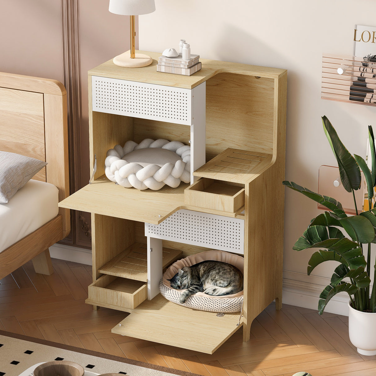 Furniture-Style-Multi-use-Natural-Cat-Litter-Box-House-with-Flip-down-Door,-31.4'-x-15.7'-Pet-Supplies