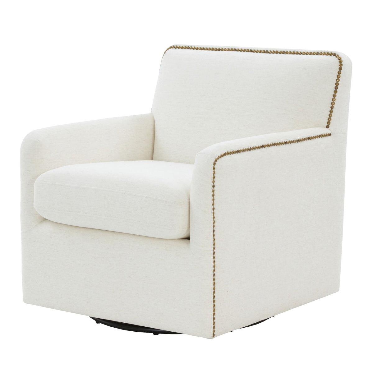 Cream Swivel Accent Chair with Antique Brass Nailhead Trim