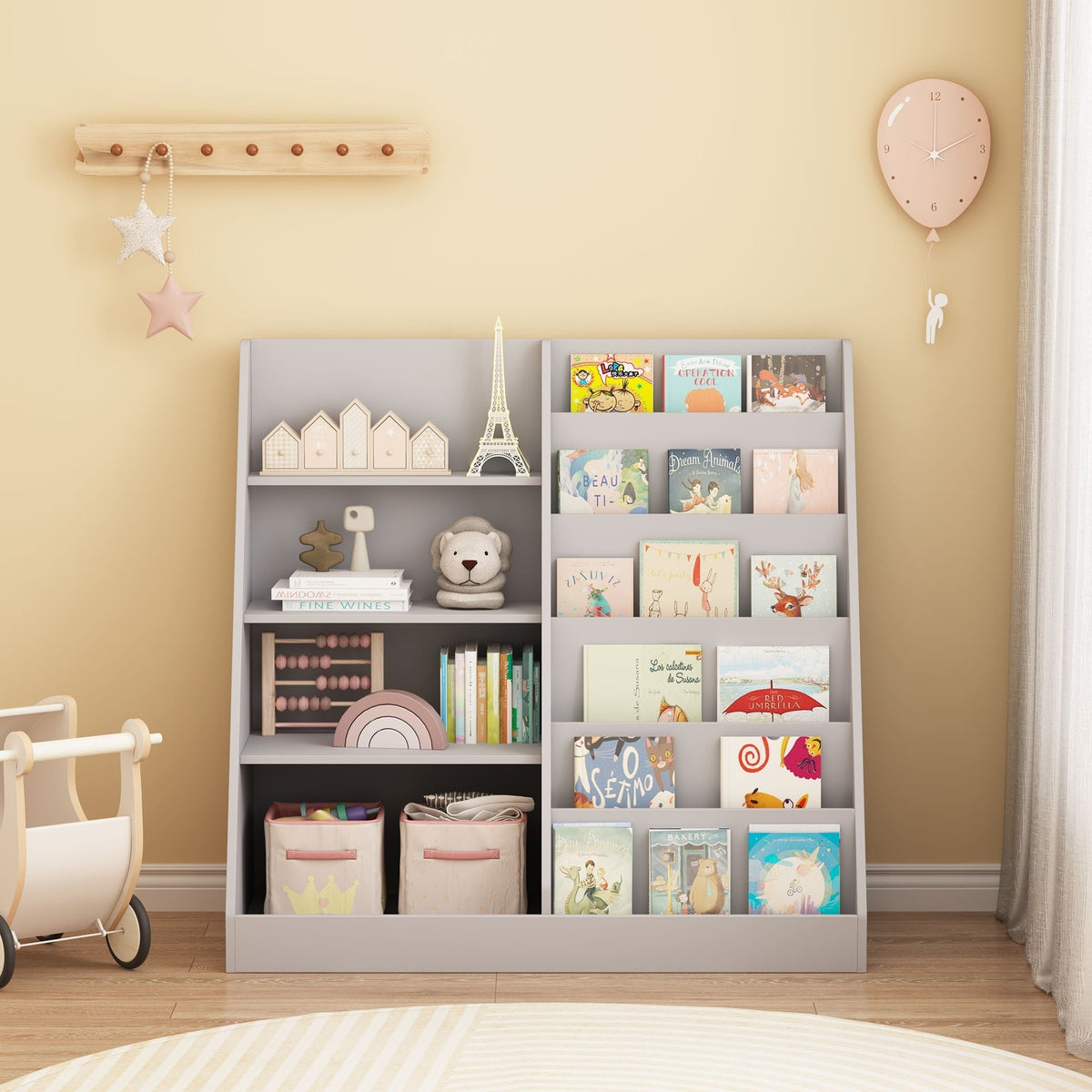 4 Tier Bookshelf and Toy Storage Organizer with Display Stand - Gray, Light Brown, White