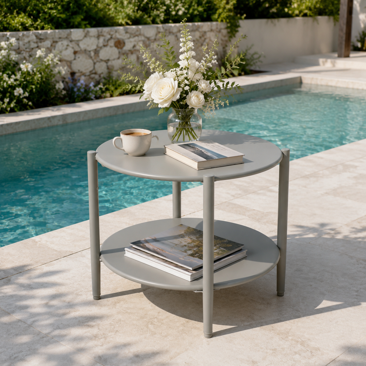 Metal Round Side Table - 2-Tier Outdoor End Table