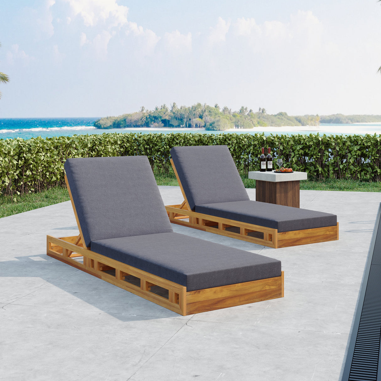 Lounge Chaise Set - Acacia Wood with Water-Resistant Cushions