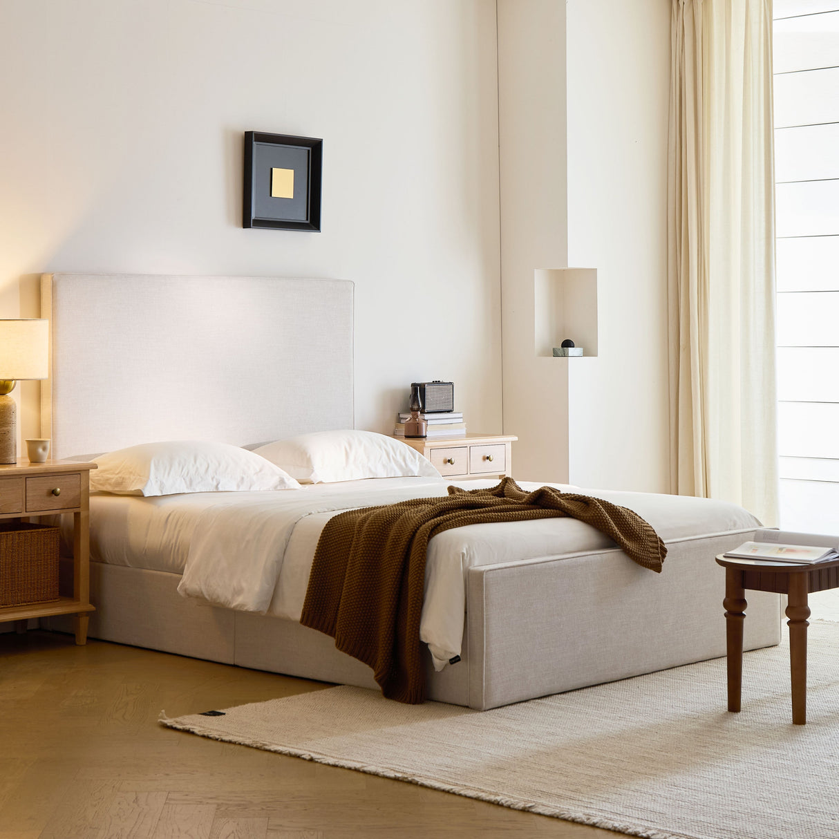 Lucas Tall Headboard Upholstered Bed in Textured Ivory Canvas
