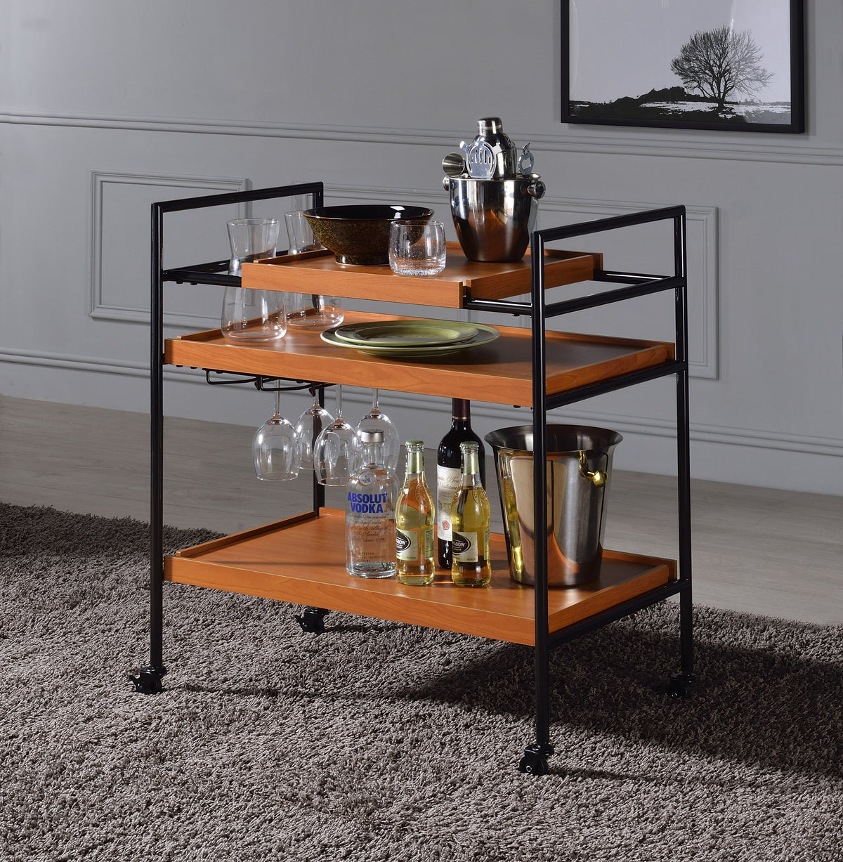 Honey Oak & Black Finish Bar Cart with Wooden Trays - Oaken