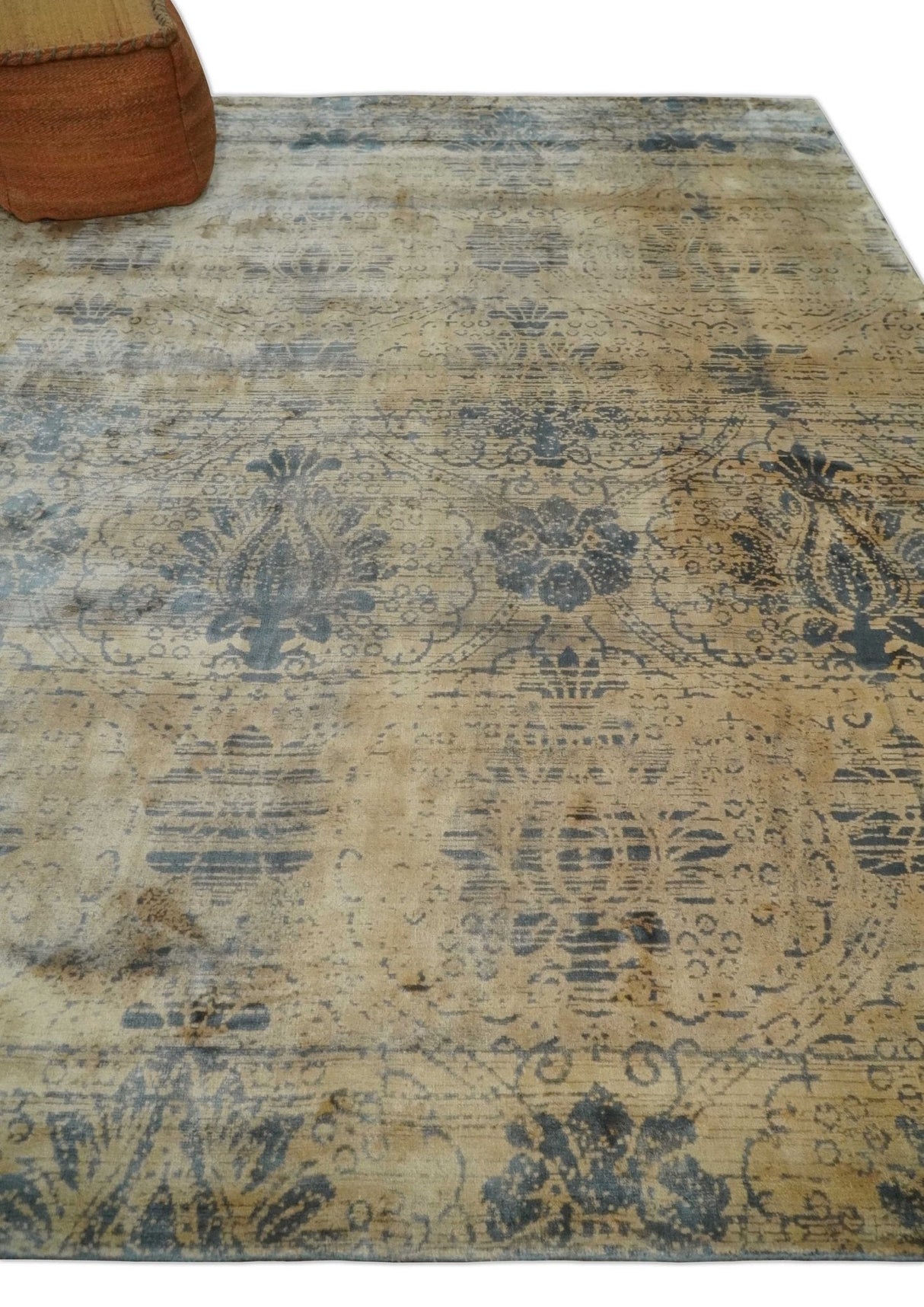 7.6x9x10 Charcoal and Gold Modern Ikat Design Handmade Art Silk Area Rug