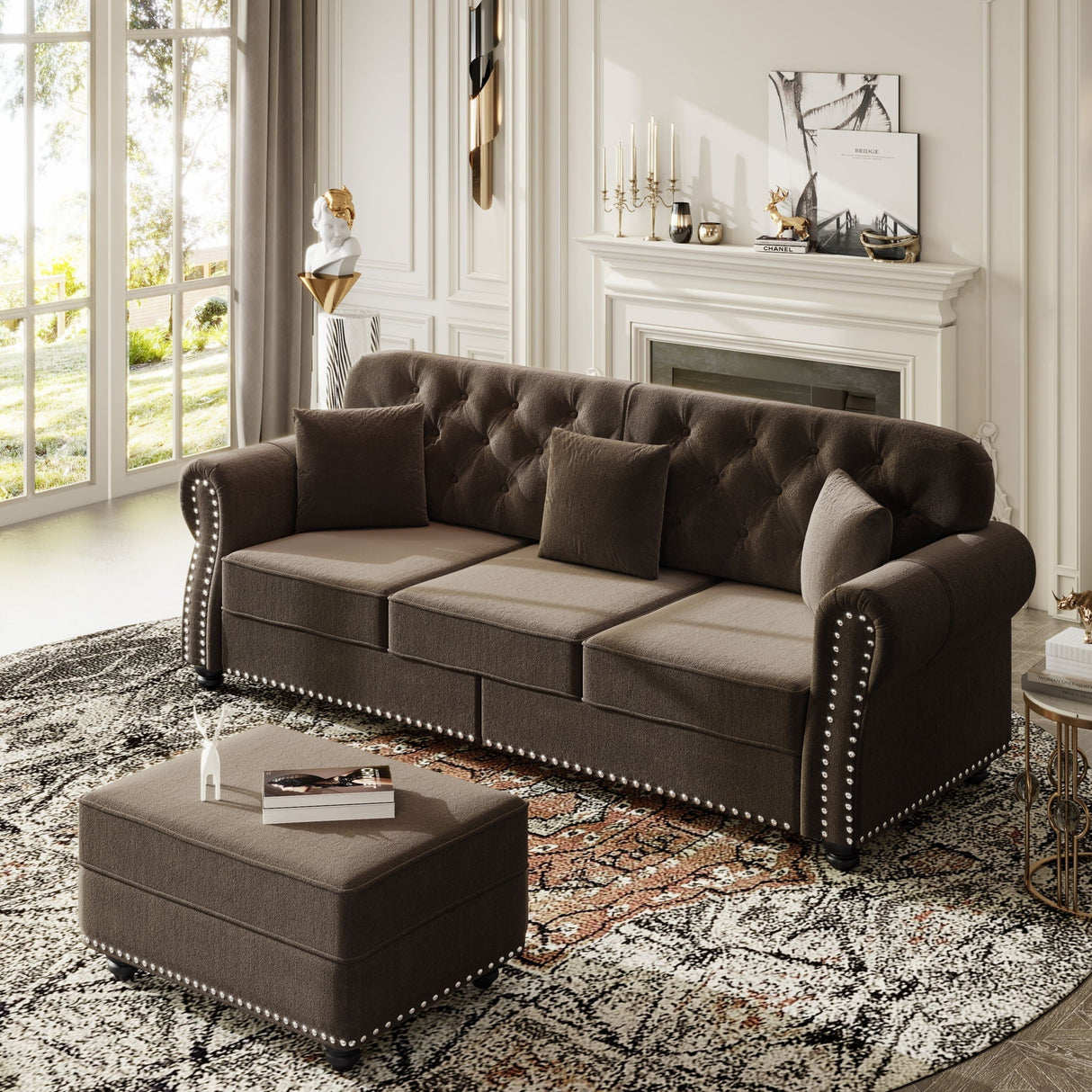 Upholstered Sofa Set With Nailhead Trim and Rolled Armrests, Includes Pillows