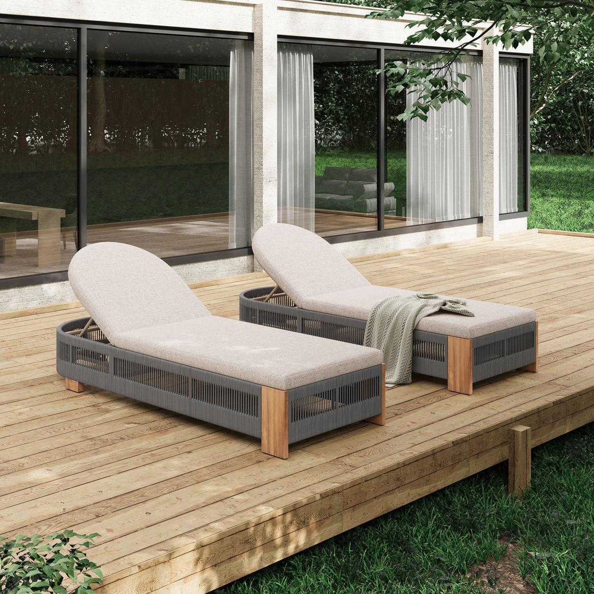 Outdoor Acacia Wood Patio Adjustable Lounge Chair Set of 2
