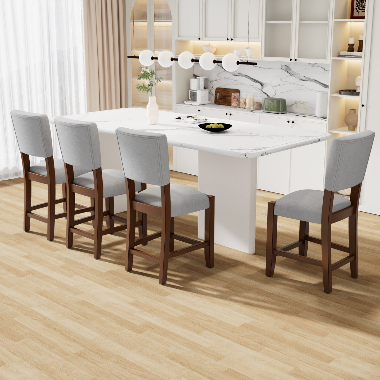 Set of 4 Mid-Century Modern Bar Stools, 40 in Linen Upholstered Counter Chairs with Rubber Wood Legs, Gray