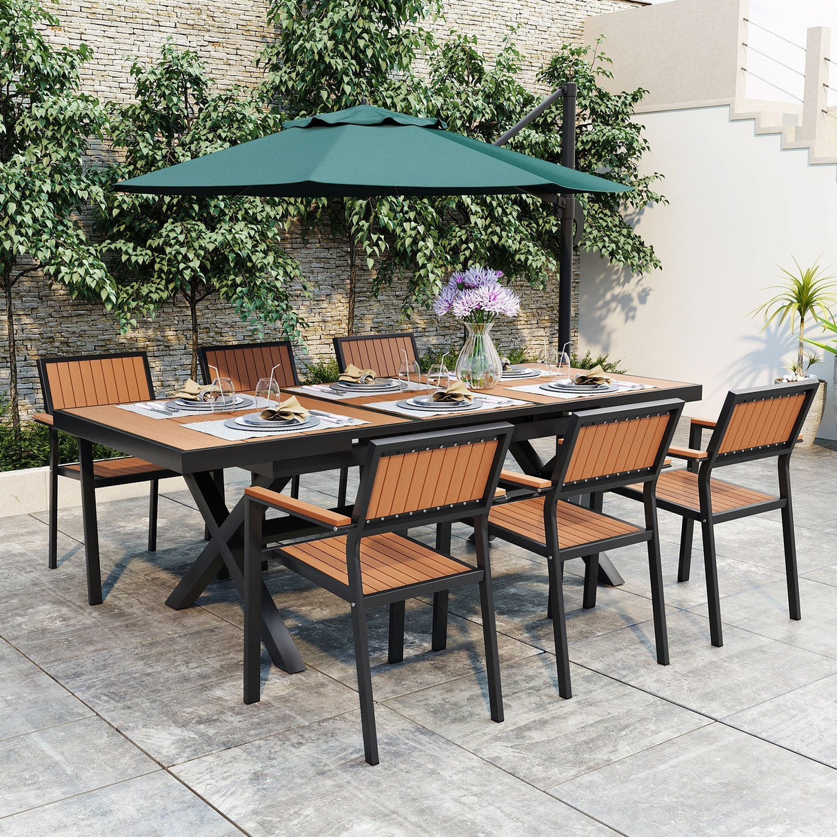 Outdoor Dining Set With Extendable Table And Six Chairs