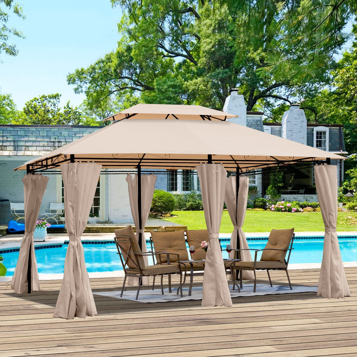 Khaki Outdoor Patio Gazebo Canopy Tent with Ventilated Double Roof and Mosquito Net, 13x10 Ft