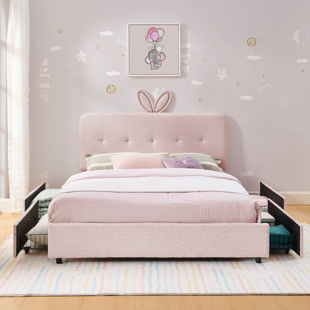 Full Size Kids Upholstered Bed with Oversized Rabbit Ear Headboard, LED Light & 4 Storage Drawers, Boucle Fabric (79.5''X55.75''X41'')
