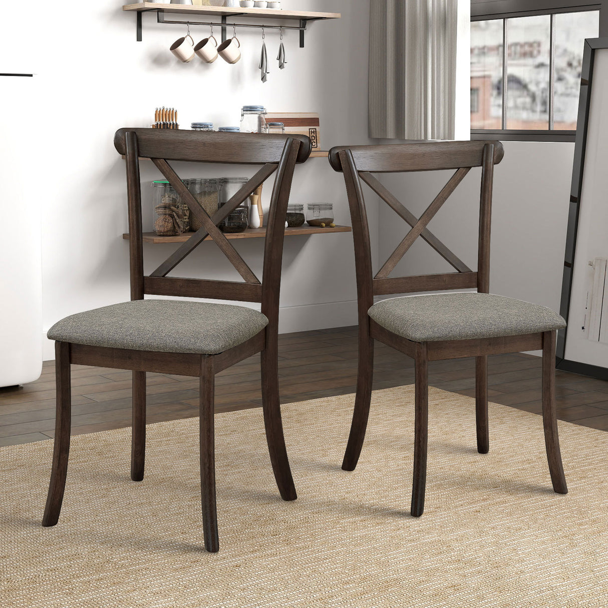 Wooden X Back Dining Chairs Set of 2, Modern Fabric Upholstered Kitchen Side Chairs, Dark Brown