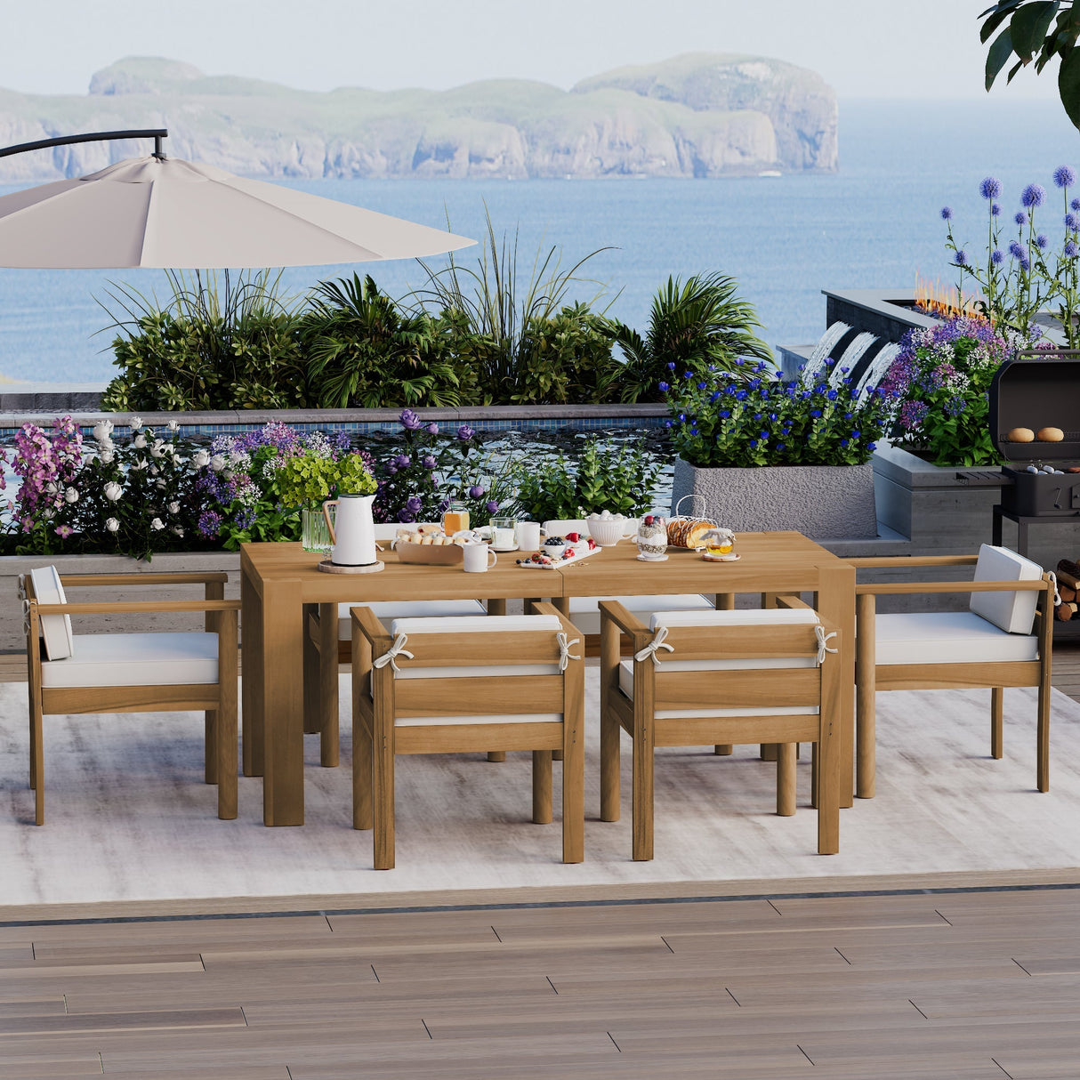 TREXM 7-Piece Patio Dining Table Set for 6,Outdoor Furniture Sets with 72.8'Rectangle Table,Patio Table and Chairs Set with Removable Cushions for Backyard,Garden,Poolside(Light Teak+Beige Cushion)