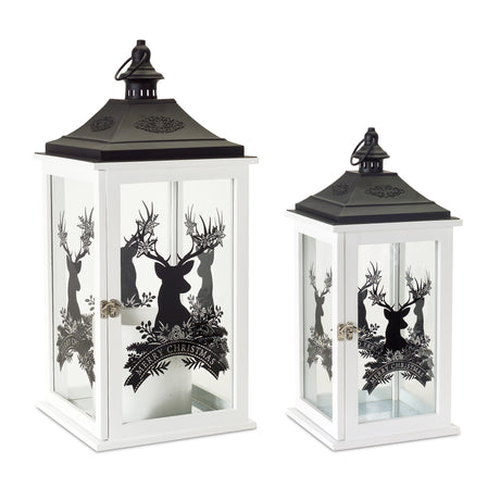 Wood-Merry-Christmas-Lantern-with-Deer-Design-(Set-of-2)-Outdoor-Lighting