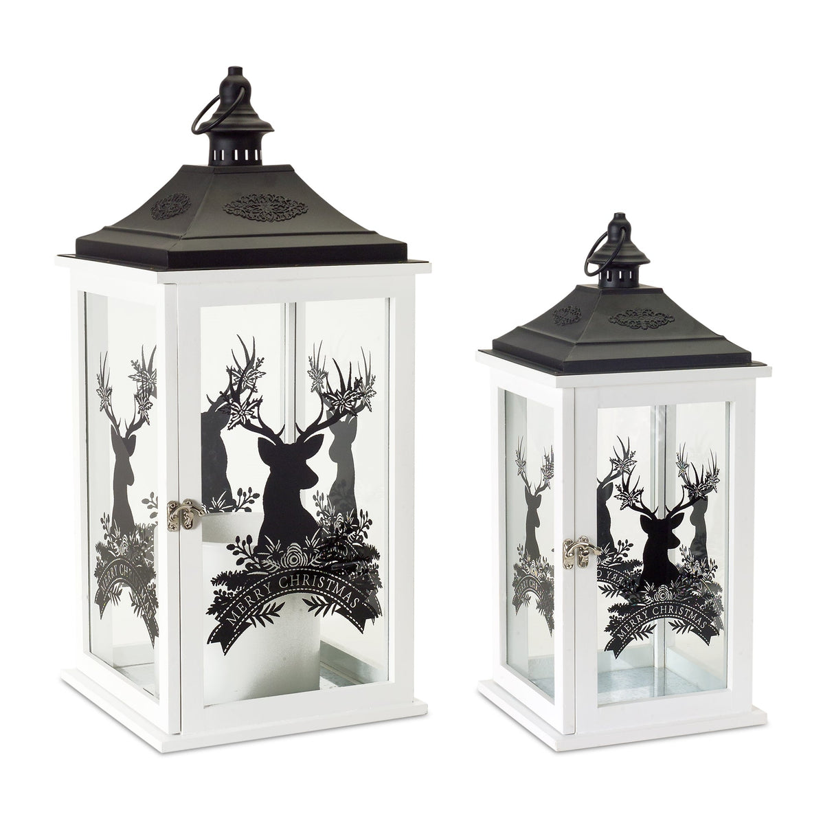 Wood-Merry-Christmas-Lantern-with-Deer-Design-(Set-of-2)-Outdoor-Lighting