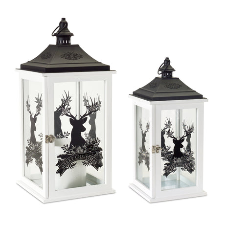 Wood-Merry-Christmas-Lantern-with-Deer-Design-(Set-of-2)-Outdoor-Lighting