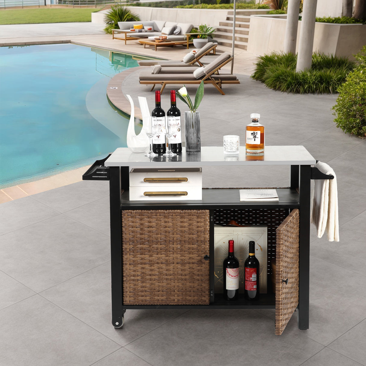 Outdoor-Kitchen-Wicker-Island-Rolling-Cart-&-Storage-Cabinet,-Brown-Outdoor-Carts-&-Islands