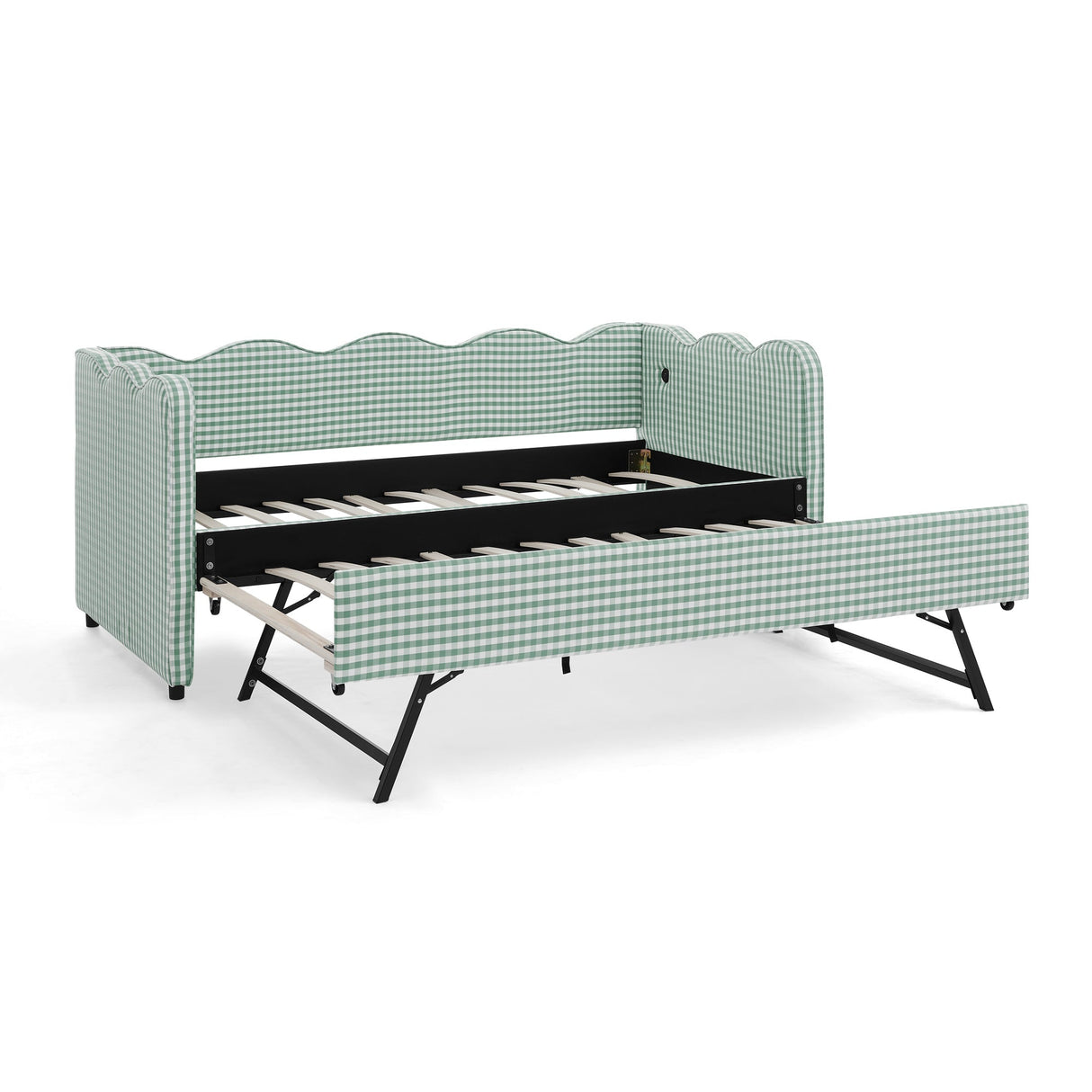 Cozy Gingham Daybed with Trundle Twin Size Sofa Bed No Box Spring Needed, with USB Port and Adorable Wave Shaped, Linen Fabric