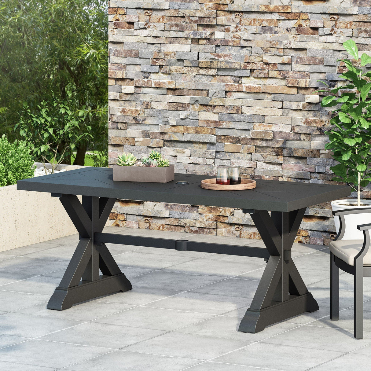 Modern Outdoor Dining Table With X-Shaped Legs and Umbrella Hole