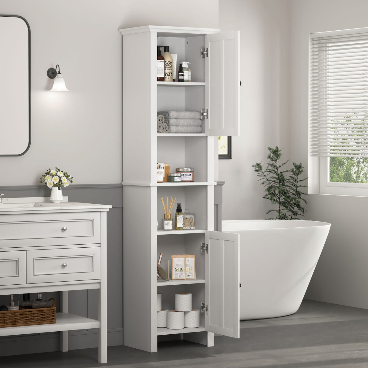 Wooden Bathroom Floor Storage Cabinet With 2 Doors And 6 Shelves - White