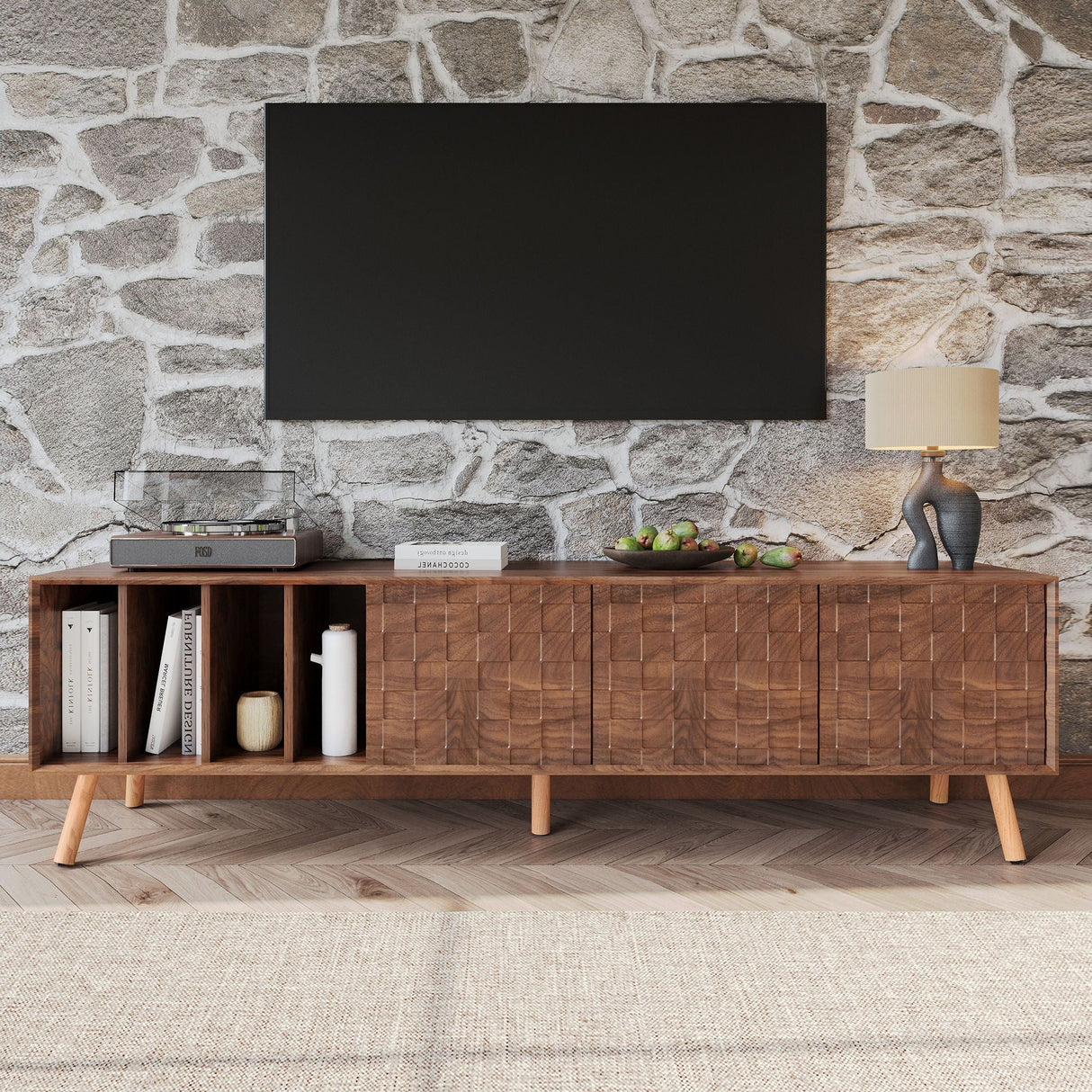 TV Stand Cabinet For Living Room, Fits TVs Up To 80" - Walnut
