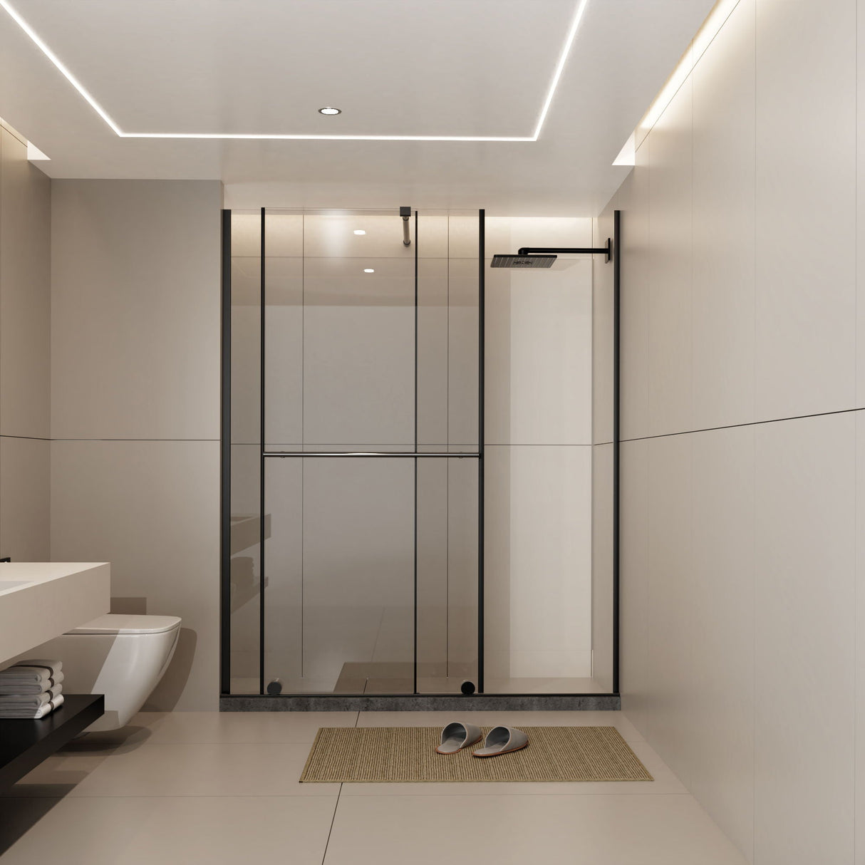 Glass Shower Door, Shower Sliding Door Walk In Shower Screen Dual Usage, 1 / 4" Thick Glass Panel With Stainless Steel Handle, Supporting Bar - Black