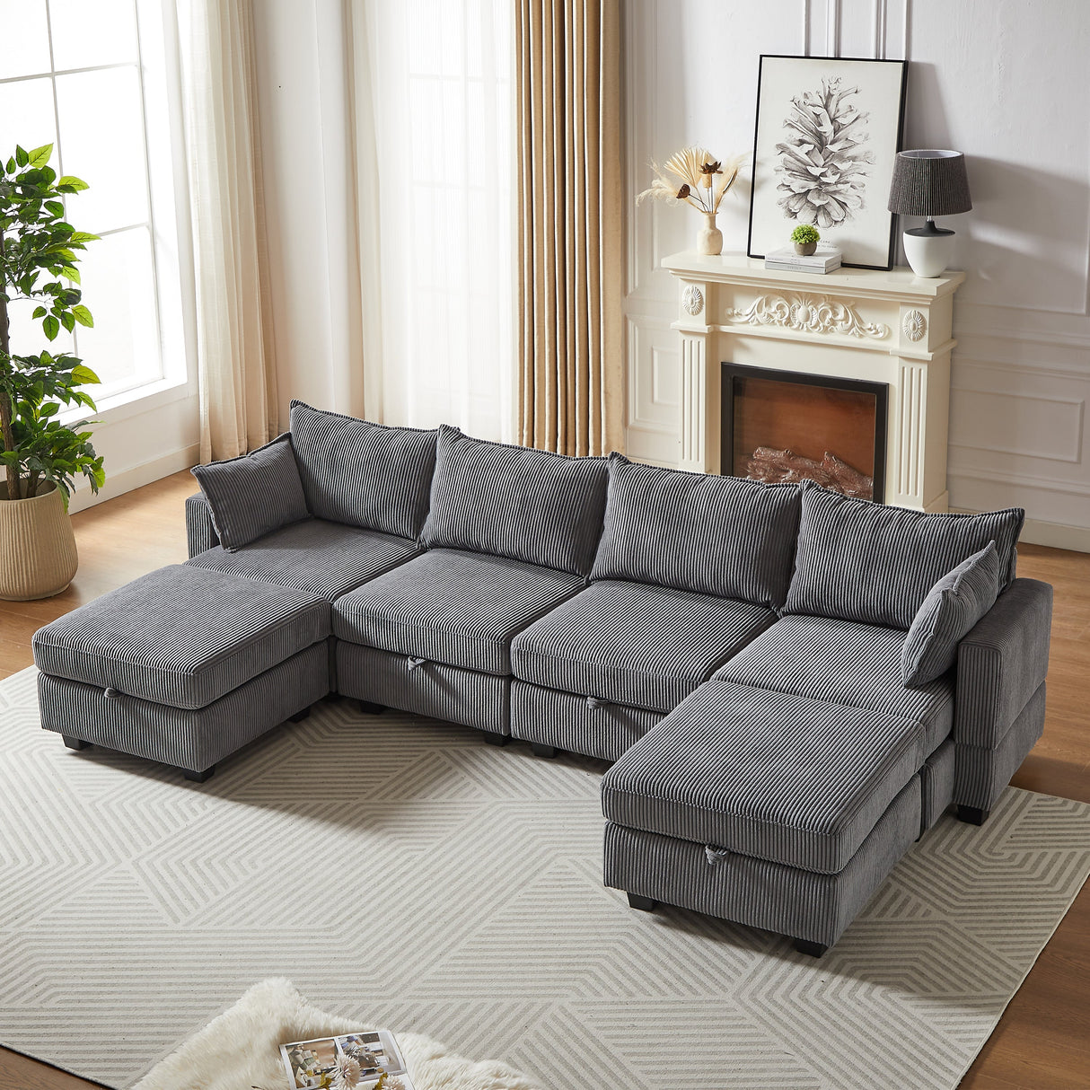 113.5'' Modular Sectional Corduroy Sofa with Storage Ottoman