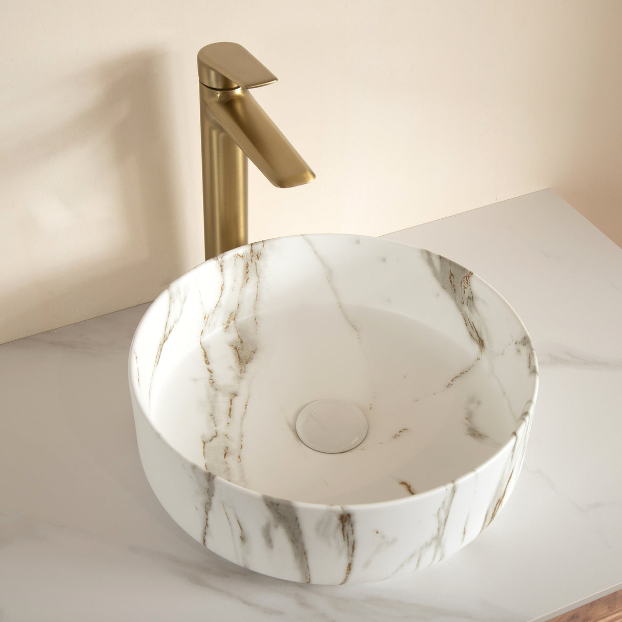 14'' Bathroom Sink, Round Vessel Ceramic Sink with Stone Pattern