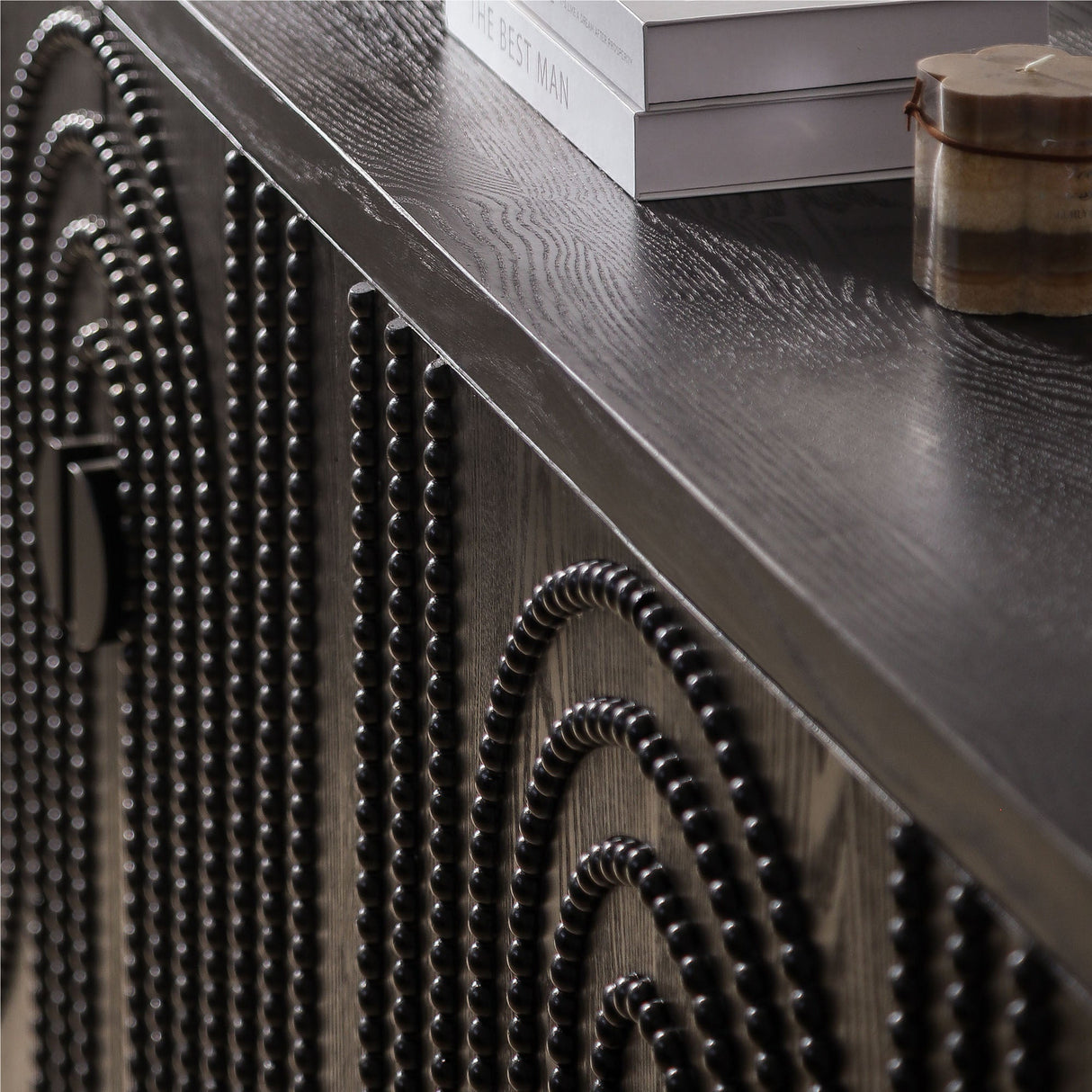 Modern Black Sideboard Cabinet with Decorative Nailhead Accents, Stylish Storage Solution for Dining, Living Rooms