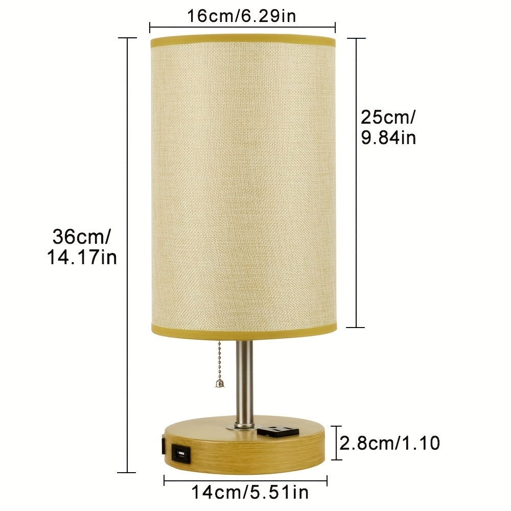 Touch Table Lamp with USB & Outlet – Modern Fabric Shade Bedside Light for Bedroom