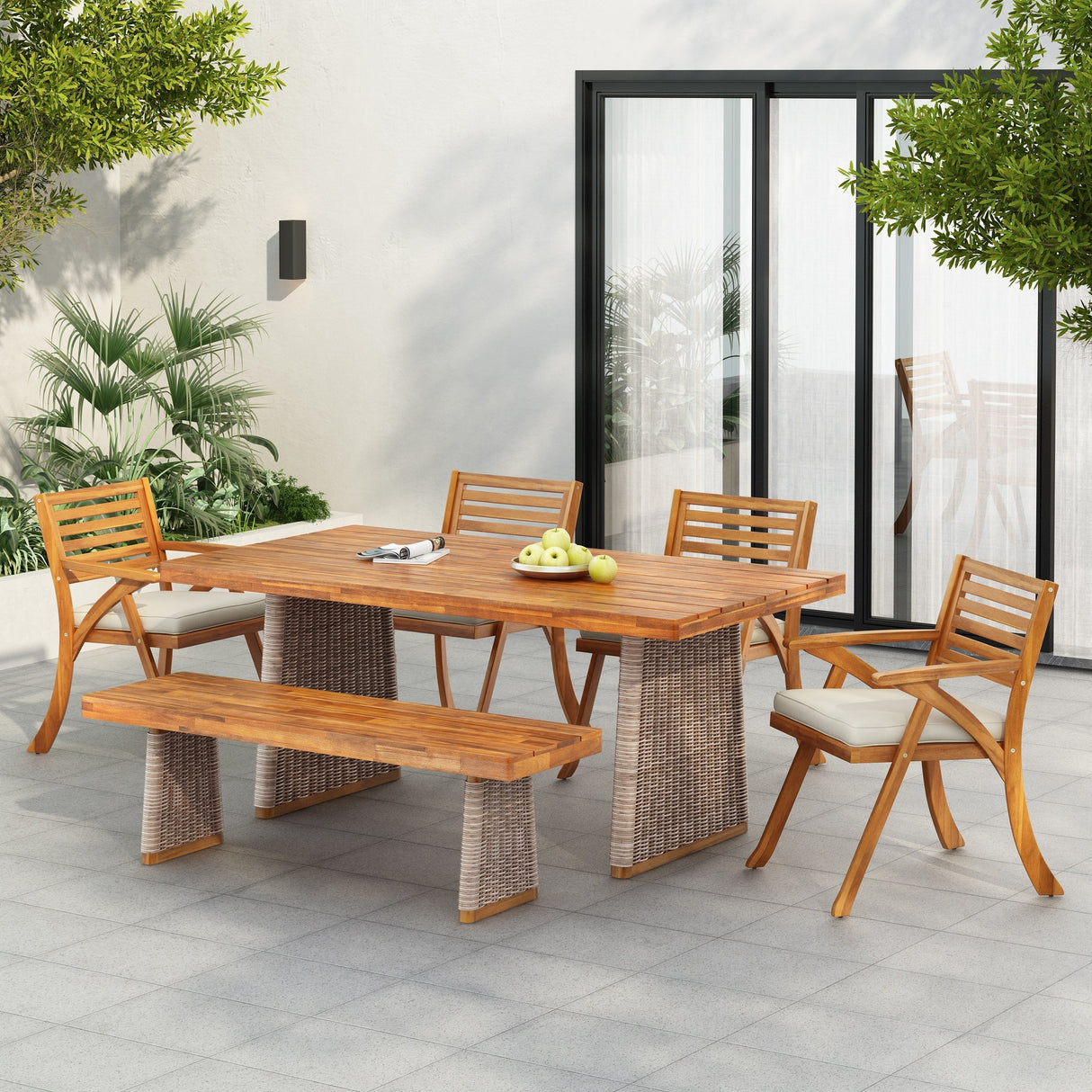 Outdoor 6 Pieces Acacia Wood Dining Set with Handwoven Rattan Legs, Brown Wicker