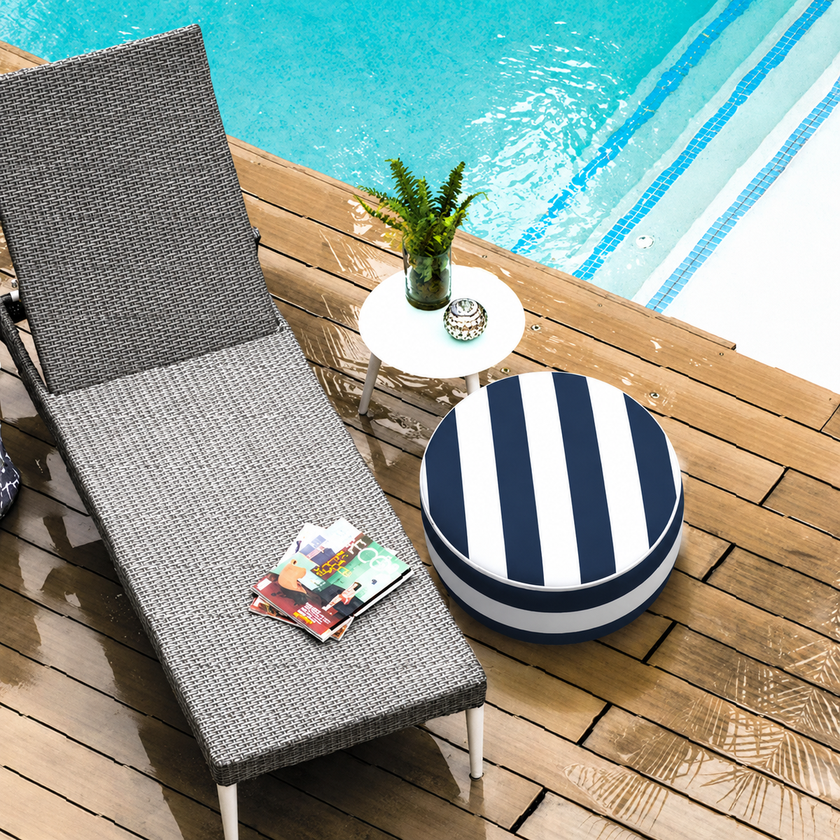 Outdoor Inflatable Ottoman - Navy Blue/White Striped