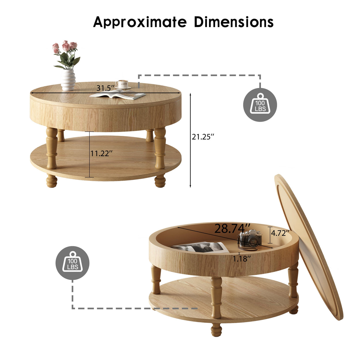 Coffee Table with Dual Storage for Living Room31.5' Modern Round Coffee Table with Storage and Hidden CompartmentAdjustable Leveling FeetEasy Assembly(Natrual Wood)