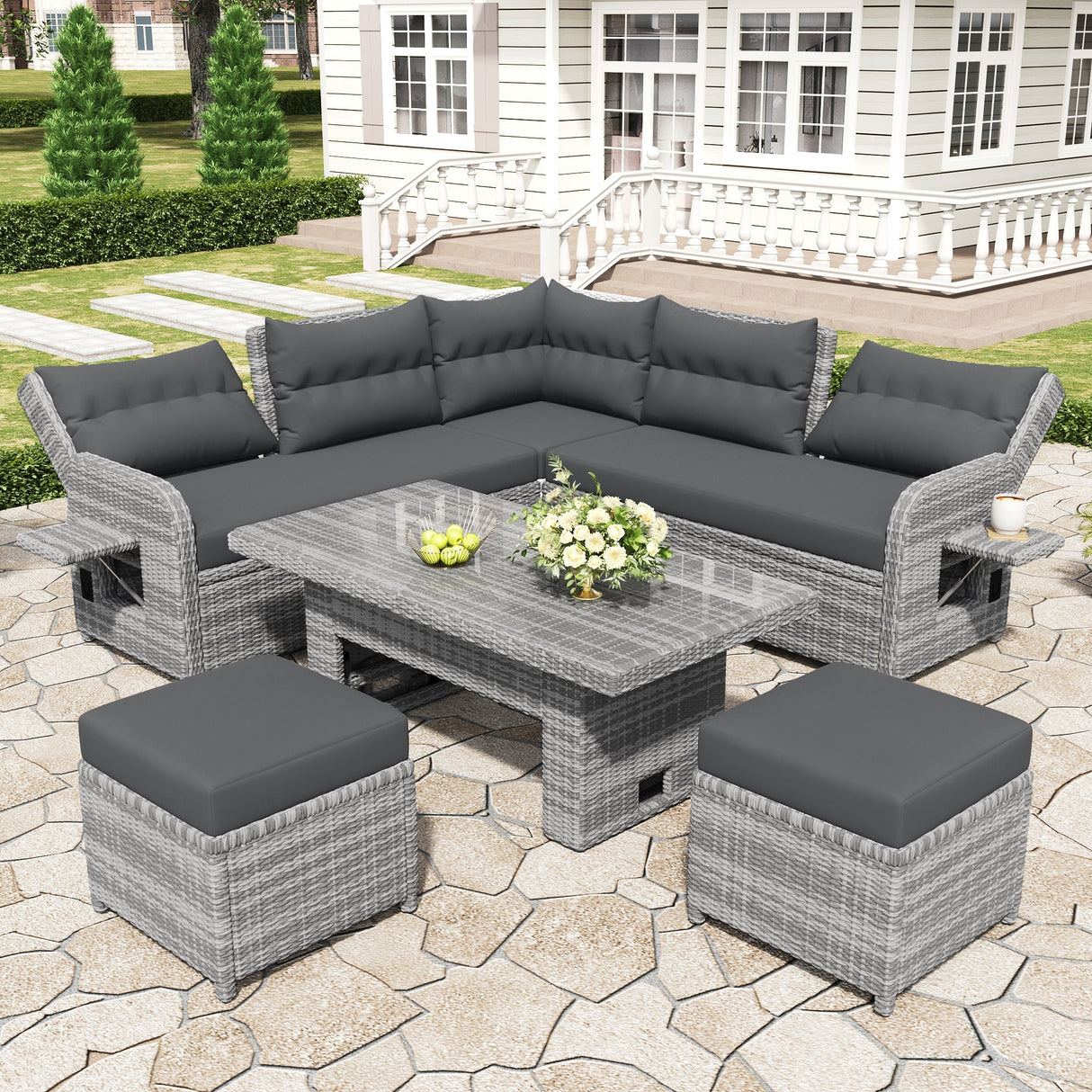 Outdoor Furniture Set Patio Rattan Furniture with Adjustable Table, Recliners, Side Tables, Ottomans