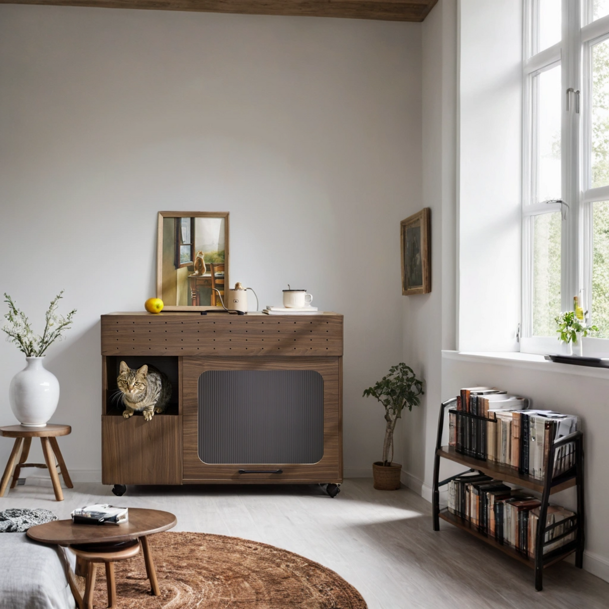 Furniture Style Multi-Use Cat Litter Box House with Storage